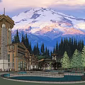 Spacious Single Family Villa Exterior With Snow Capped Mountain View And Courtyard People