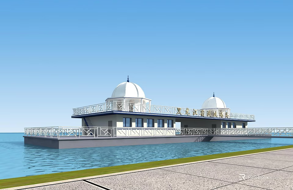Scenic Waterfront View with Two White Domes Building Platform Railing and Blue Sky 3d model 