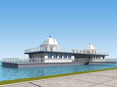 Scenic Waterfront View with Two White Domes Building Platform Railing and Blue Sky 3d model