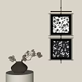 Abstract Paintings With Black Frames Hanging on Wall Featuring Black and White Floral Patterns 3d model