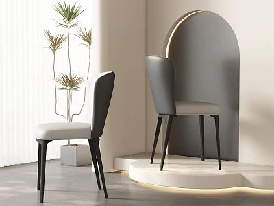 Modern Dining Chairs With Gray Backrest White Seat Black Legs Arched Wall And Plant 3d model