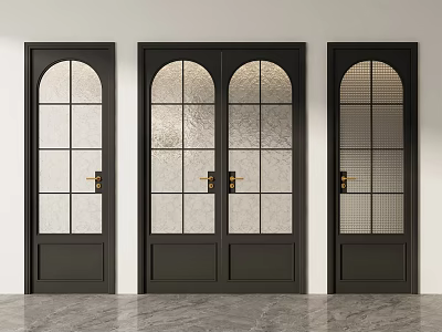 Black Double Doors with Arched Design Frosted Glass Panes Golden Handles and Side Single Doors 3d model
