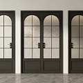 Black Double Doors with Arched Design Frosted Glass Panes Golden Handles and Side Single Doors