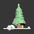 Decorated Green Christmas Tree With Yellow Star Colorful Ornaments And Gift Boxes On White Platform