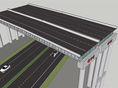 Modern Elevated Road Infrastructure with Traffic Lanes Support Columns and Vehicles 3d model