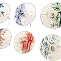 Ornamental Decor Set Featuring Six Oil Paper Umbrellas with Various Floral Bamboo Patterns