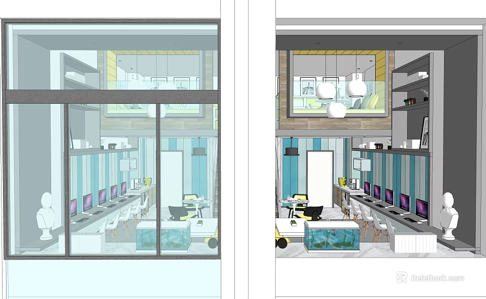 Public Office Space With Open Layout Workstations Hanging Lights And Sofa Area 3d model