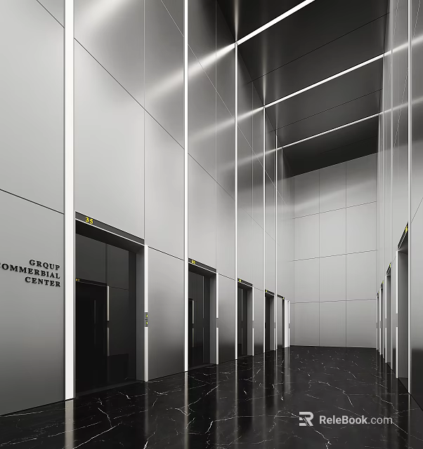 Sleek Modern Elevator Hallway Interior Design With Metallic Wall Panels And Strip Lighting 3d model