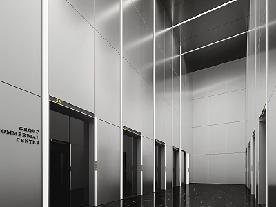 Sleek Modern Elevator Hallway Interior Design With Metallic Wall Panels And Strip Lighting 3d model