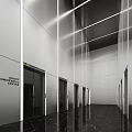 Sleek Modern Elevator Hallway Interior Design With Metallic Wall Panels And Strip Lighting 3d model