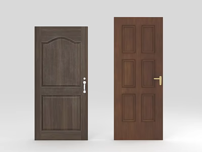 Wooden Hinged Doors With Arched Top And Square Panel Designs And Metal Handles 3d model