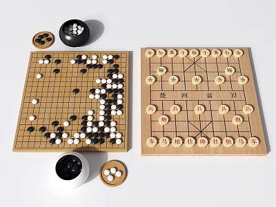 Traditional Board Game Entertainment with Go and Chinese Chess Boards and Pieces 3d model