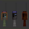 Three Different Colored Public Telephone Booths with Antennas TELEPHONE Sign and Stands