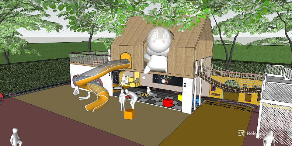 Outdoor Children's Play Area With Playhouse Slide Climbing Net And Cartoon Figure 3d model 