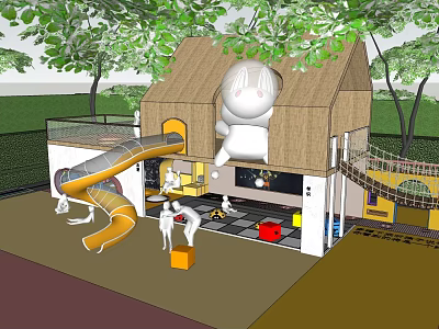 Outdoor Children's Play Area With Playhouse Slide Climbing Net And Cartoon Figure 3d model