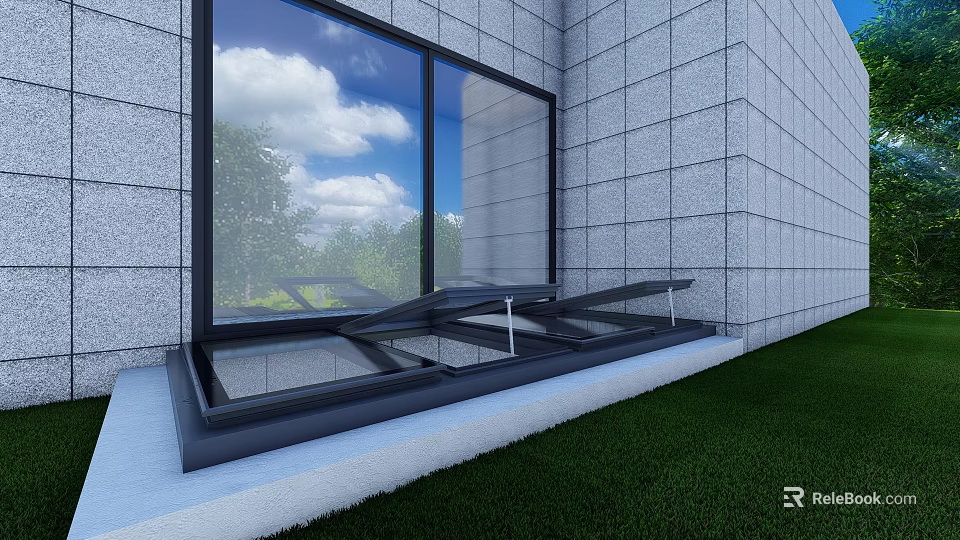 Detached Villa with Large Glass Windows Lawn and View of Blue Sky White Clouds Green Trees 3d model 