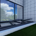 Detached Villa with Large Glass Windows Lawn and View of Blue Sky White Clouds Green Trees