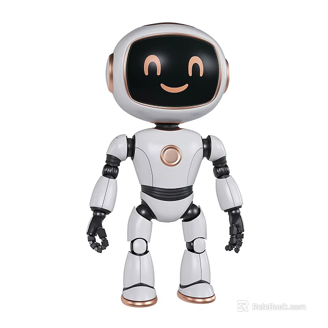 Cute White Robot With Smiling Face Black Screen Golden Details And Movable Joints 3d model
