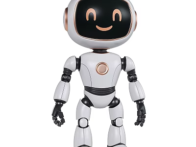 Cute White Robot With Smiling Face Black Screen Golden Details And Movable Joints 3d model