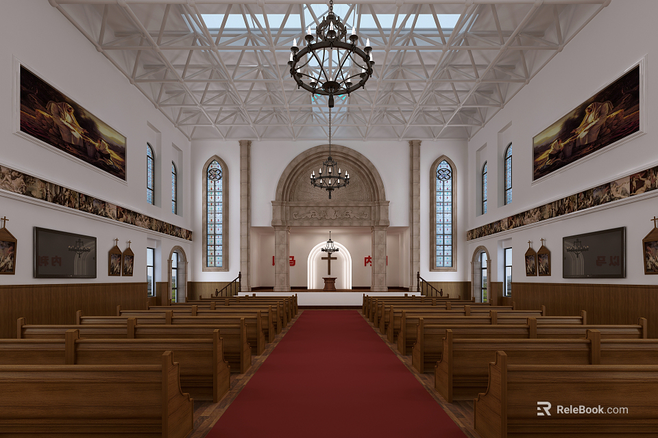 Religious Church Interior With Wooden Pews Red Carpet Aisle Altar And Stained Glass Windows 3d model 