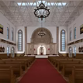 Religious Church Interior With Wooden Pews Red Carpet Aisle Altar And Stained Glass Windows
