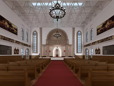 Religious Church Interior With Wooden Pews Red Carpet Aisle Altar And Stained Glass Windows 3d model