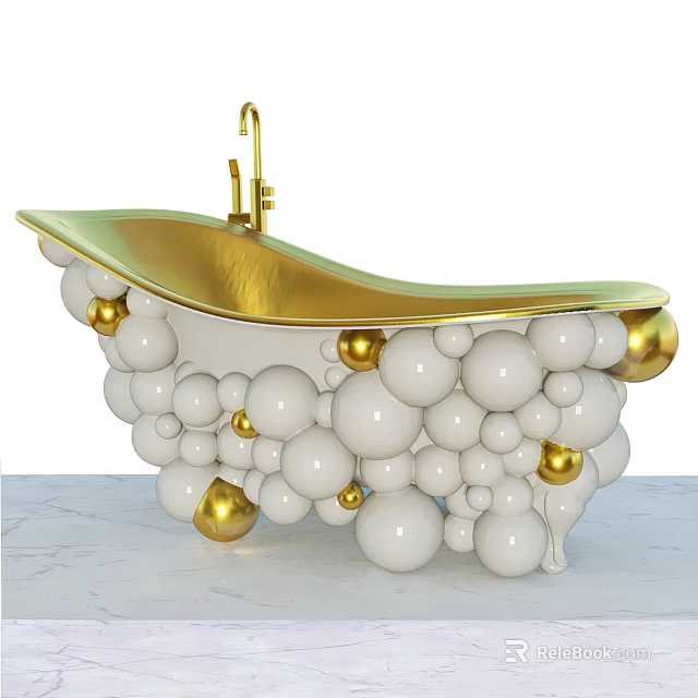 Luxurious Modern Bathtub With White Bubble Decorations Gold Edges And Faucet 3d model 
