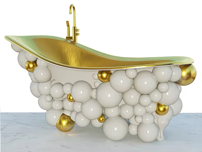 Luxurious Modern Bathtub With White Bubble Decorations Gold Edges And Faucet 3d model