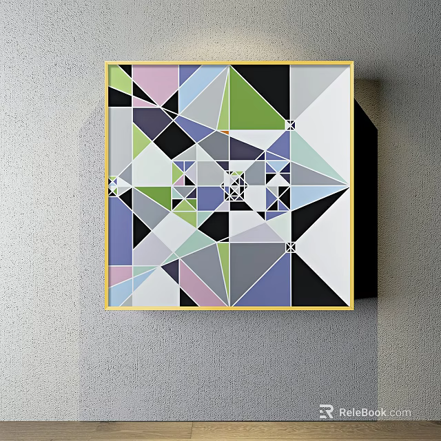 Colorful Geometric Abstract Painting With Triangles Polygons And Yellow Frame On Wall 3d model 