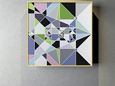 Colorful Geometric Abstract Painting With Triangles Polygons And Yellow Frame On Wall 3d model