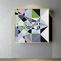 Colorful Geometric Abstract Painting With Triangles Polygons And Yellow Frame On Wall