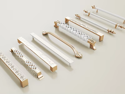 Various Modern Door Handles With Gold And White Finishes Intricate Patterns And Sleek Designs 3d model