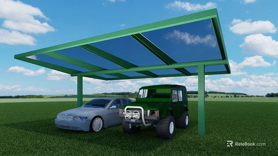 Parking Lot With Green Canopy Silver Sedan Green SUV On Grass With Blue Sky 3d model 
