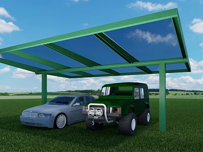 Parking Lot With Green Canopy Silver Sedan Green SUV On Grass With Blue Sky 3d model