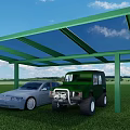 Parking Lot With Green Canopy Silver Sedan Green SUV On Grass With Blue Sky