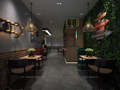 Modern Restaurant Interior With Gray Brick Walls Woven Pendant Lights And Green Plant Wall 3d model