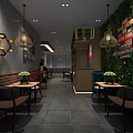 Modern Restaurant Interior With Gray Brick Walls Woven Pendant Lights And Green Plant Wall
