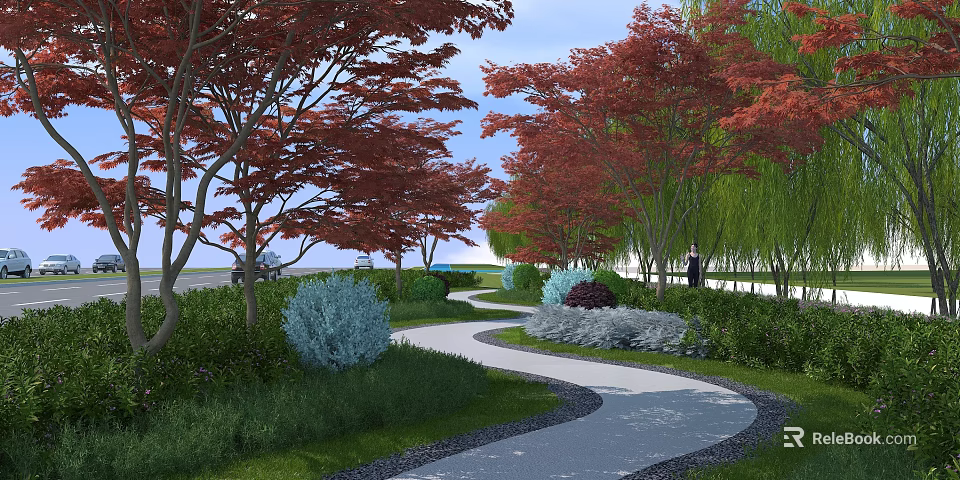 Garden Landscape Design Featuring Curved Path Red Leaved Trees Green Shrubs And Lush Lawn 3d model 