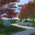 Garden Landscape Design Featuring Curved Path Red Leaved Trees Green Shrubs And Lush Lawn