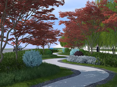 Garden Landscape Design Featuring Curved Path Red Leaved Trees Green Shrubs And Lush Lawn 3d model