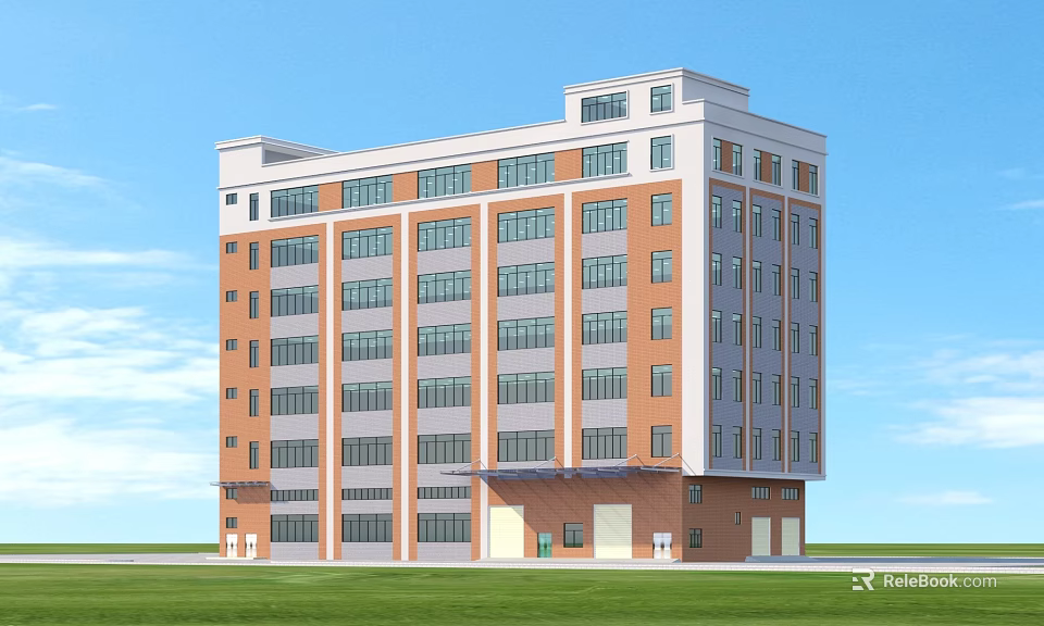 Multi Story Modern Industrial Factory Building With Red Brick Exterior White Accents And Large Windows 3d model 