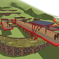 Observation Tower With Red Bridge Platform Green Hillside And Sea View 3d model