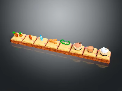 Cartoon Style Scene With Wooden Platform Row Holding Arranged Items Like Carrots Bread And Bowl 3d model
