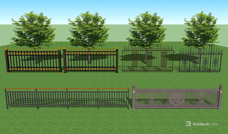 Decorative Iron Fence Various Designs With Green Grass Trees And Garden Landscape 3d model 