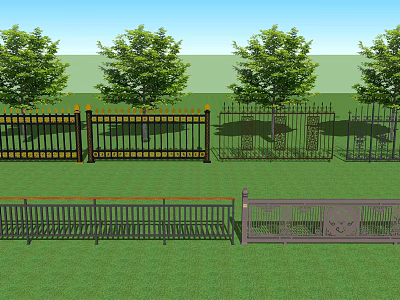 Decorative Iron Fence Various Designs With Green Grass Trees And Garden Landscape 3d model