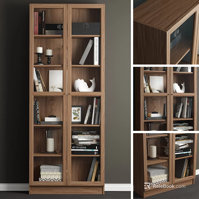 Wooden Bookcase With Multi Tiered Shelves Featuring Books Decorative Ornaments Candles And Photo Frames 3d model 