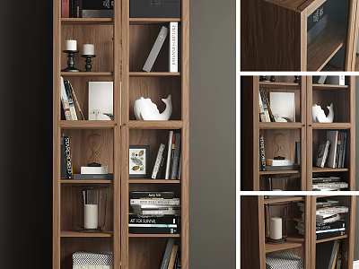 Wooden Bookcase With Multi Tiered Shelves Featuring Books Decorative Ornaments Candles And Photo Frames 3d model