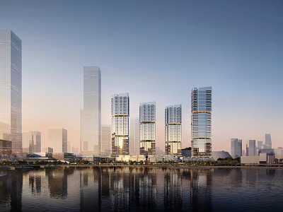 Modern High Rise Office Buildings Along Urban Waterfront With Glass Facades And Reflections 3d model