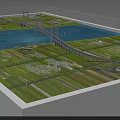 Modern Cable Stayed Bridge Connecting Urban Areas Over River With Green Fields 3d model