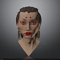 3D Model Female Head With Dark Short Hair Red Dots Red Lips And Golden Earrings